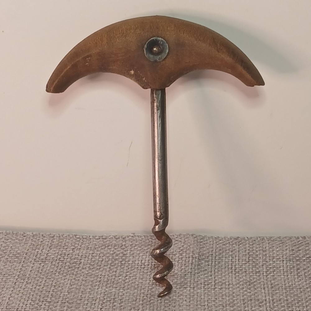 Vintage Antique Corkscrew. Crescent Shaped Wooden Handle