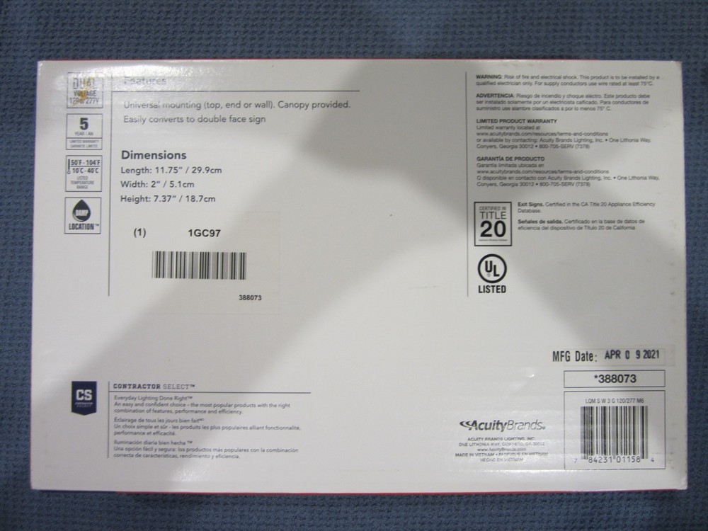 Lithonia Lighting 1GC97 Quantum Led Exit Sign 120v or 277v
