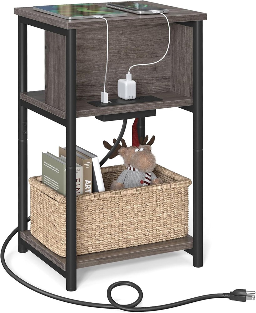 Side Table W/ Charging Station 3-Tier End Table W/ USB Ports & Outlets