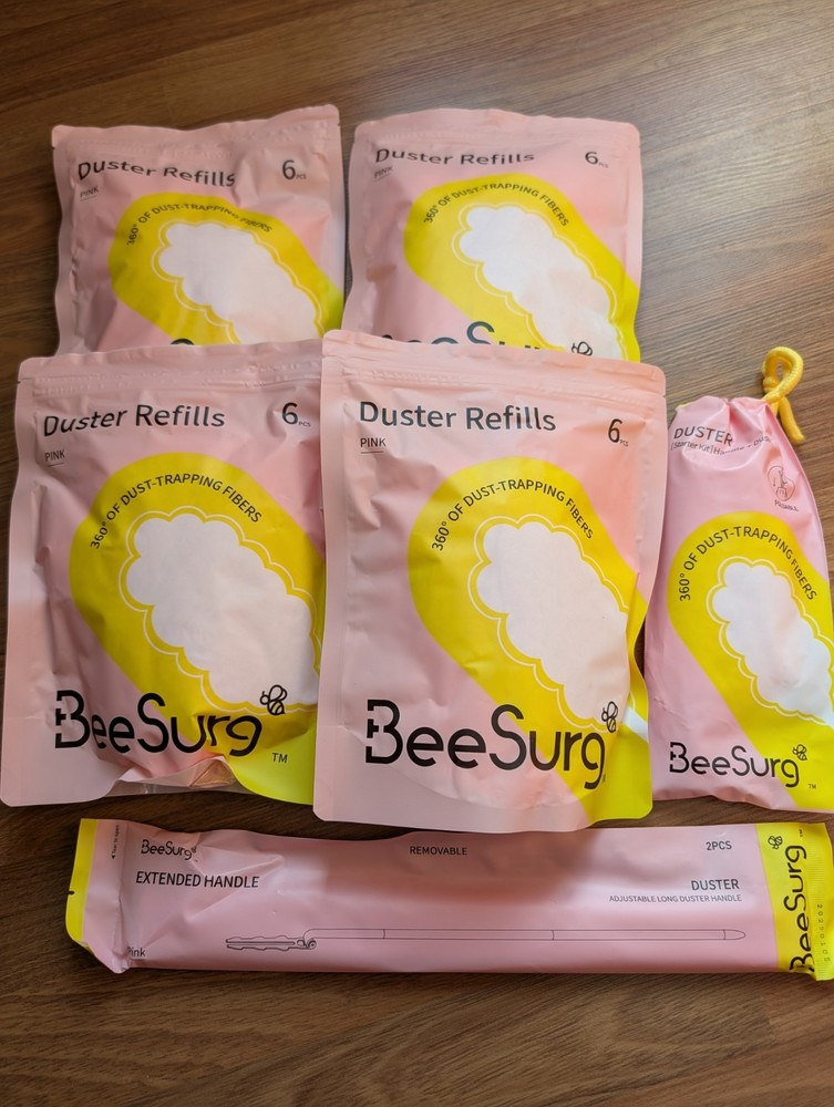 BeeSurg Pink Duster Refills Starter Kit Extended Handle 6 Pcs Dust Replacements