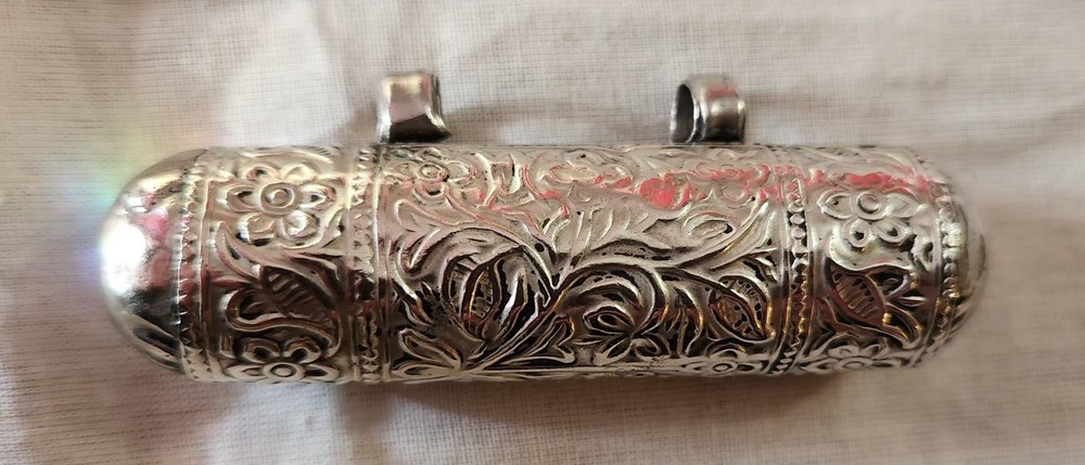 Antique Silver Amulet Case, Hirz, Scroll Holder Pendant With Something Inside