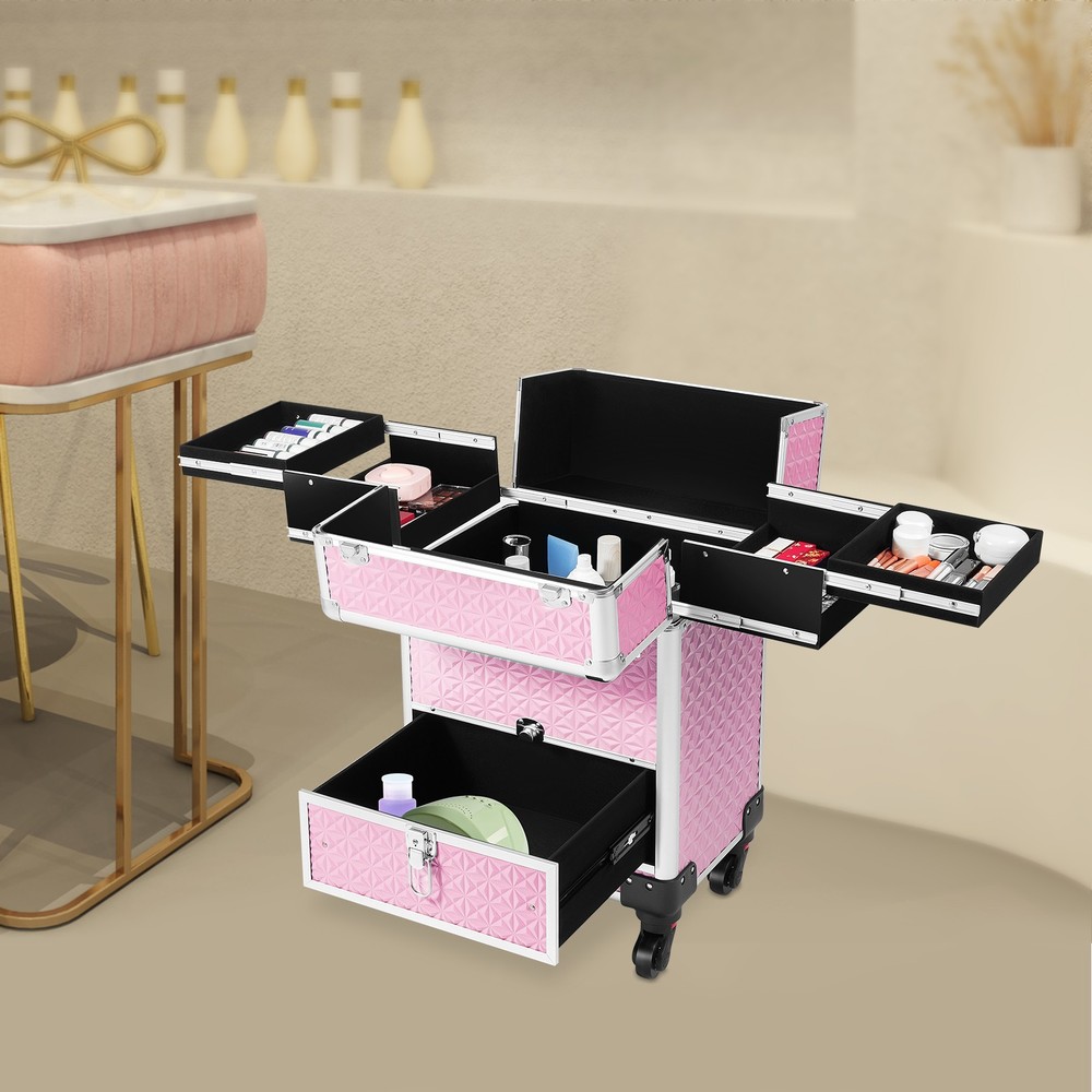 Rolling Makeup Train Case Cosmetic Trolley Makeup Storage Organizer Luggage Box
