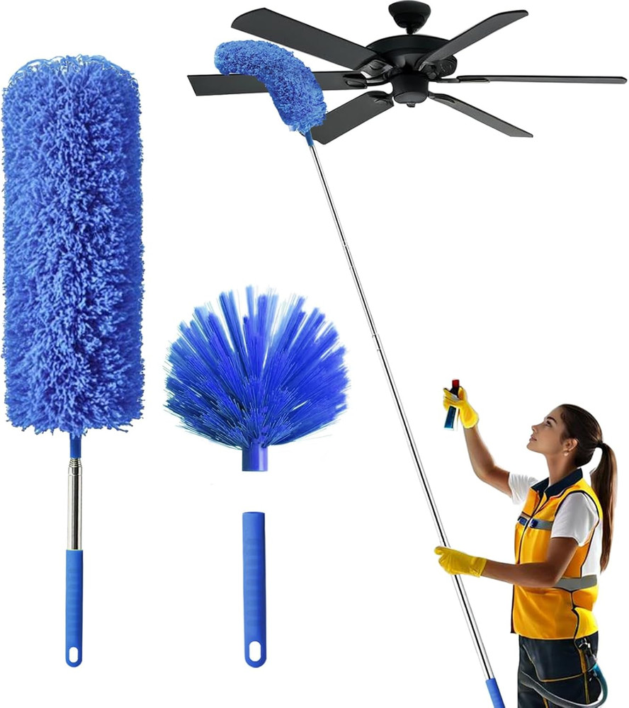Cobweb Duster with Extension Pole, Washable Cleaning Duster Set with 2 Duster He