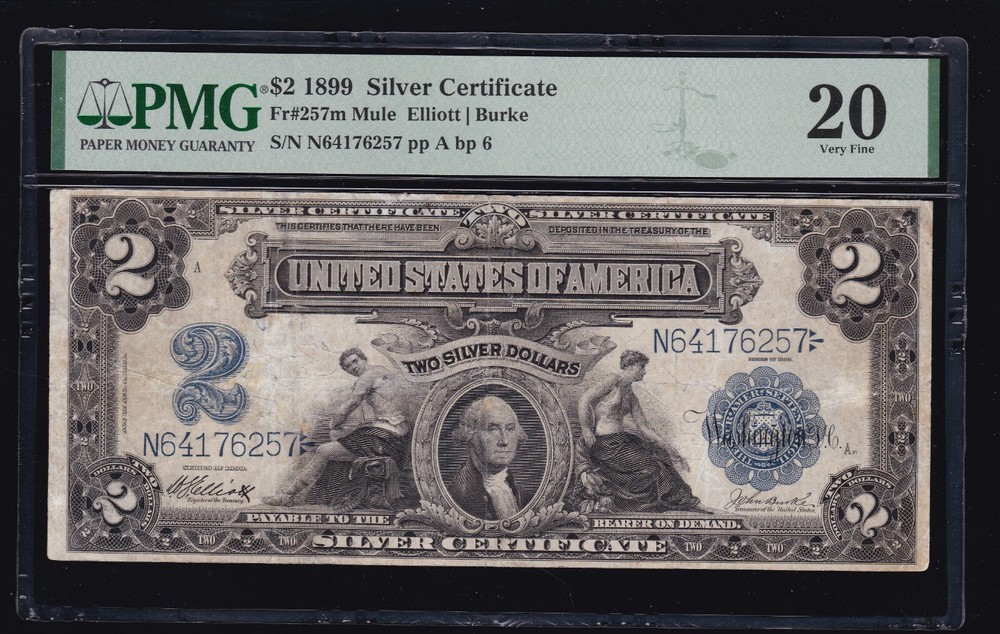 US 1899 $2 Silver Certificate Mule FR 257m PMG 20 (257)