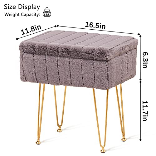 Faux Mink Fur Storage Ottoman, Modern Soft Footstool, Storage Bench with Grey