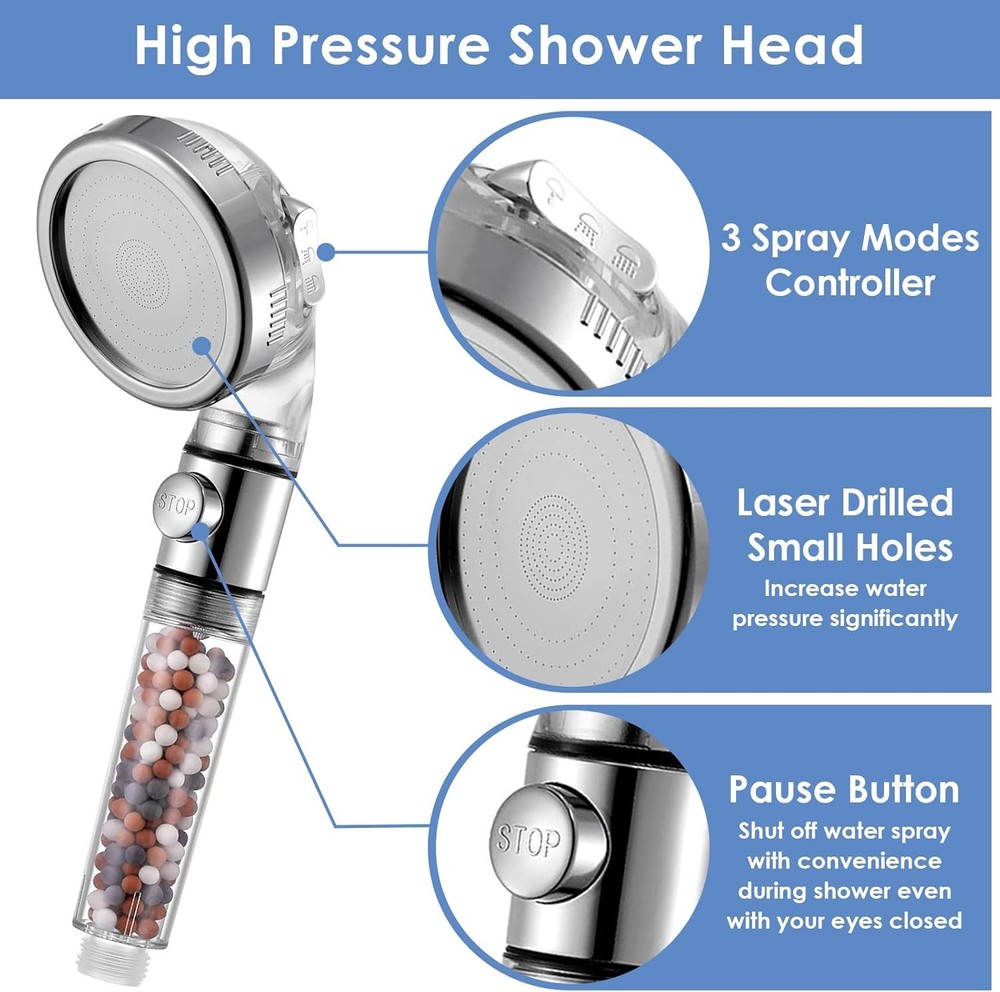 3 Spray Settings High Pressure shower Head with Filter, Handheld Rainfall Combo