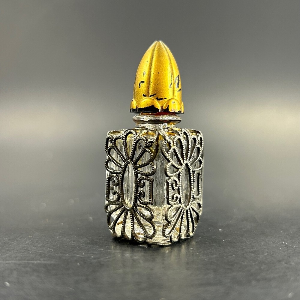 Vtg Mini Perfume Bottle Silver-Tone Lattice Over Glass Applicator Attached Empty