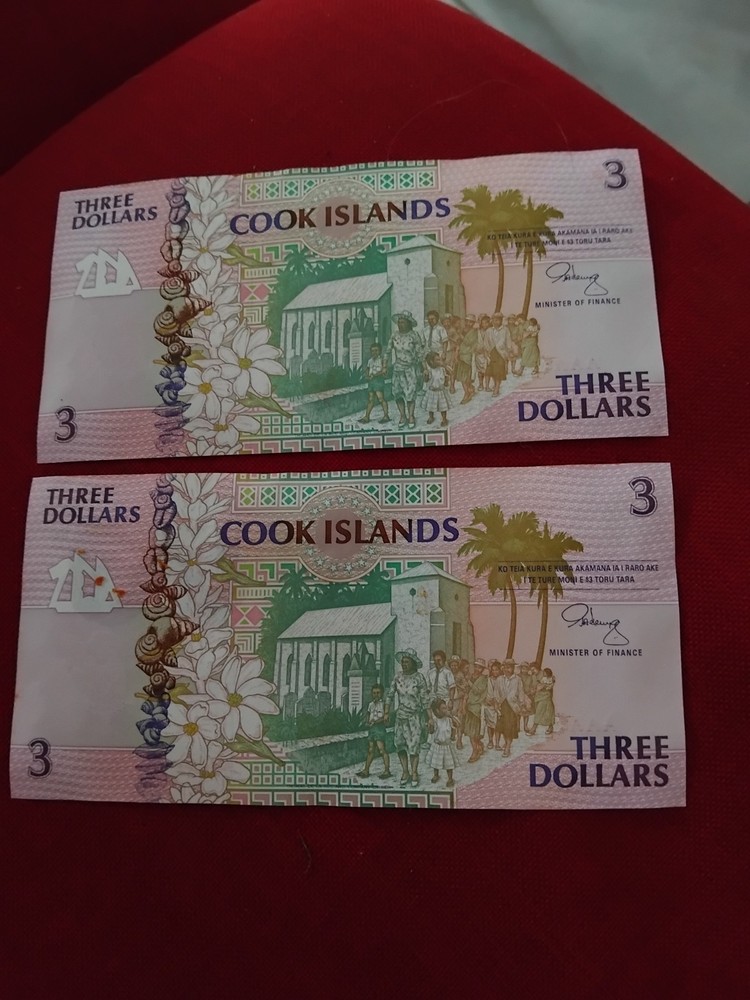 Cook Islands 3 Dollars x two ND 1992 Pick Consecutive Serial AAA