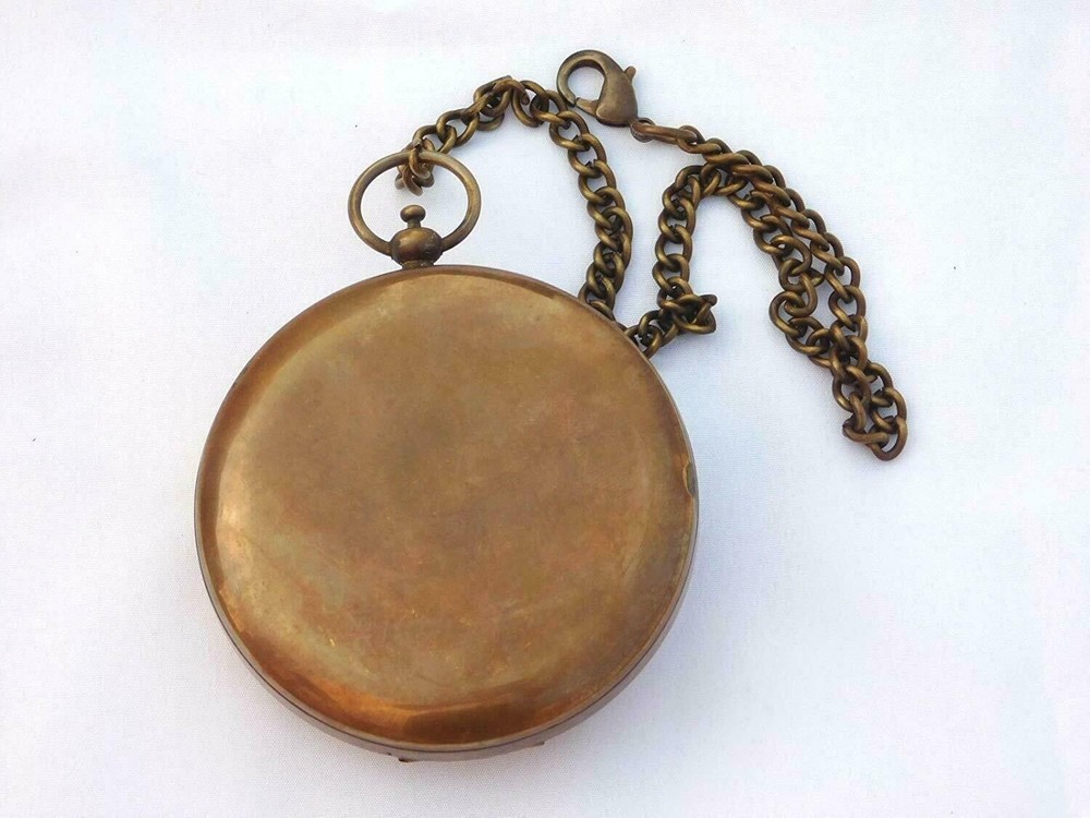 Compass Push Open Brass Sundial Compass - SteampunK with Leather Case and Chain