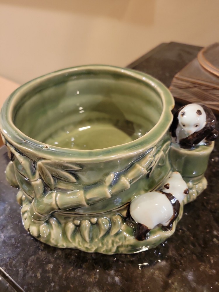 Lucky Bamboo Ceramic Planter with Pandas  3" X  6"  NEW