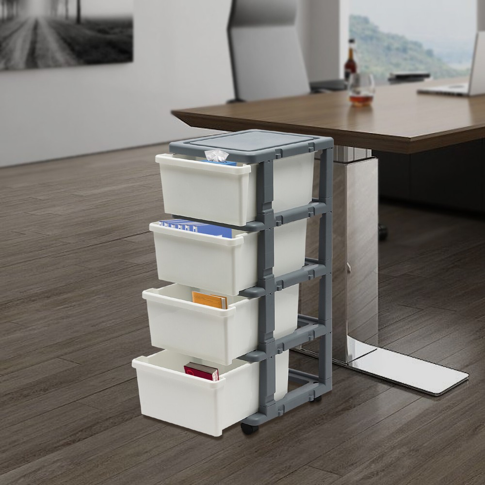 16.5*13.3*34.5in White/ Grey Rectangular PP 4-Drawer Organizer With Tray Top