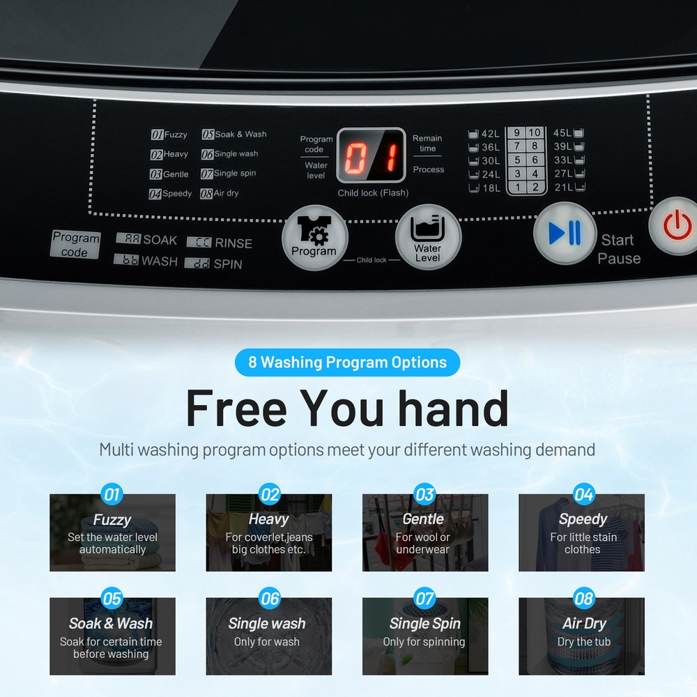 Compact Full-automatic Washing Machine Laundry Washer w/ 11 lbs Capacity Grey