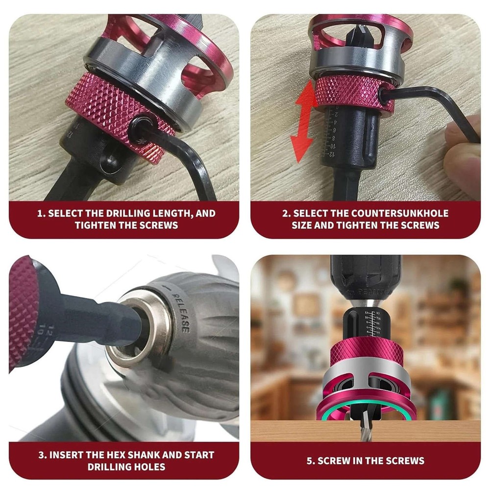 6PCS Woodworking Countersink Drill Bit Set with Adjustable Depth Stop Control