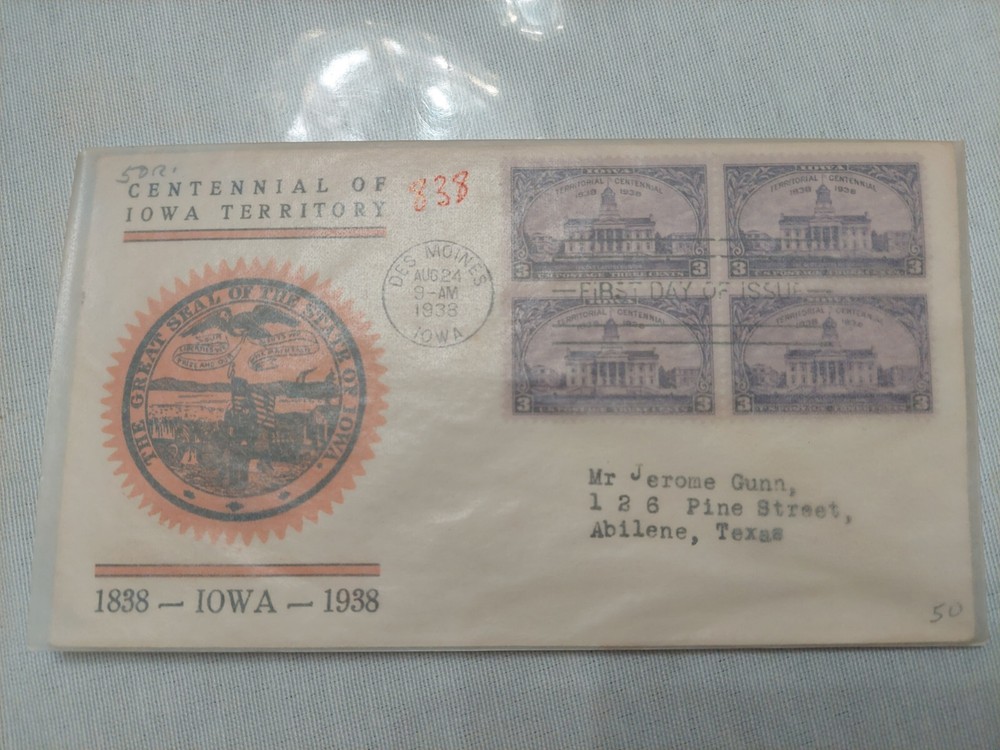 SC #838  1938  IOWA CENTENNIAL FIRST DAY COVER CACHED