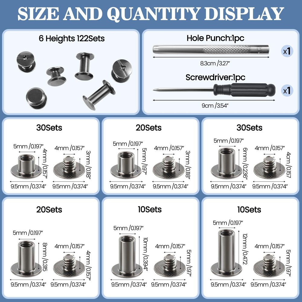 122 Pack Snap Button Kit, 6 Sizes Chicago Screws 122 Gunmetal Black