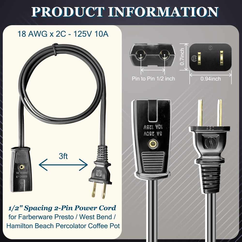 HASMX Replacement Power Cord Percolator 36" for Presto Black