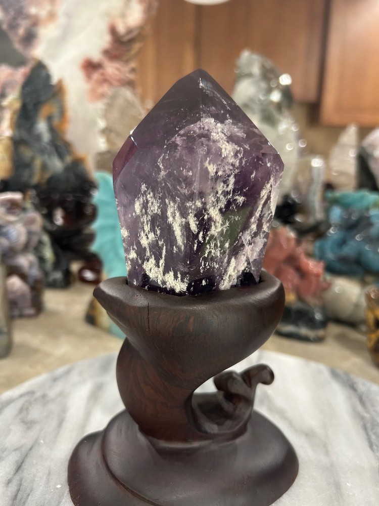 Amethyst quartz point with custom wood stand