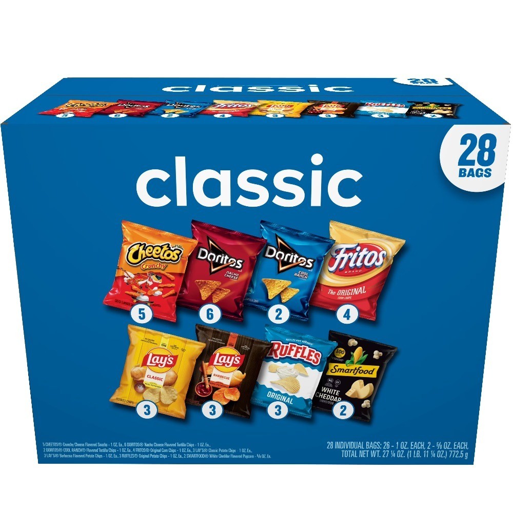 Assorted Classic Snack Chips Variety Pack Multipack 28 Count Bulk Box