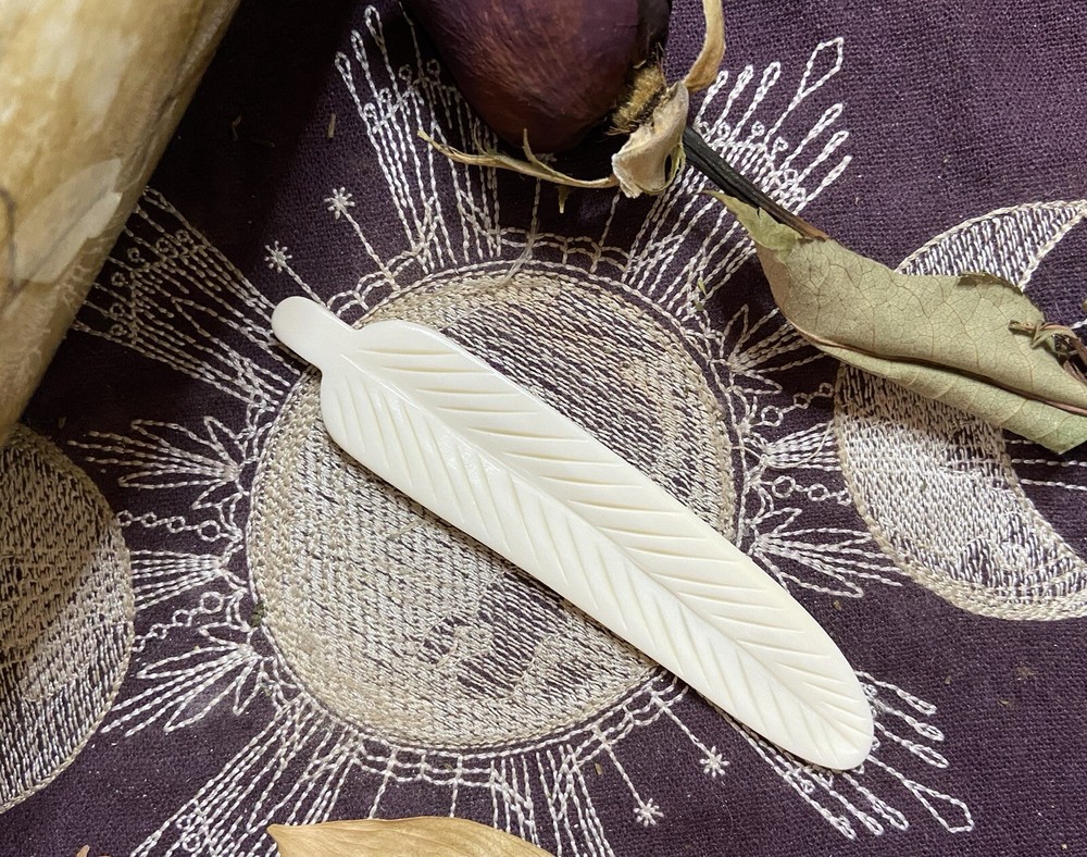 Bovine Bone Feather Bead Carving, Ethically Sourced