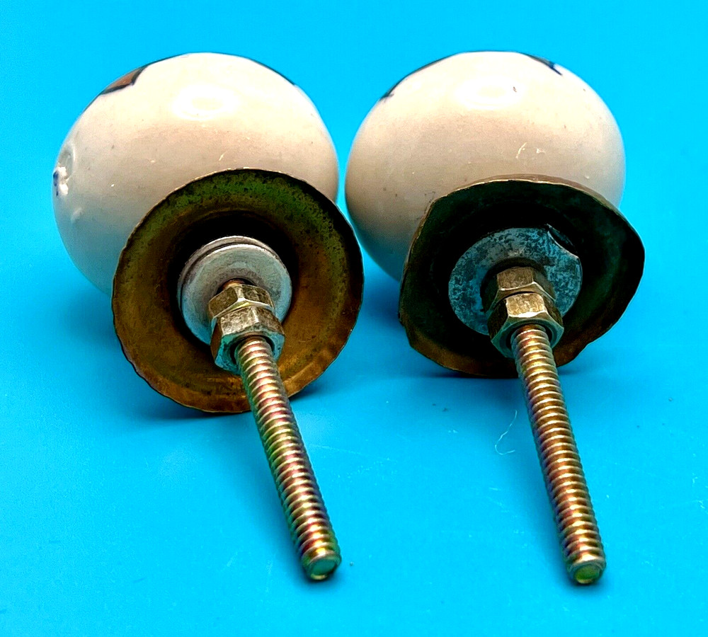 2 Vintage Ceramic Knobs with Hardware Ivory Brown Blue Flower 1 1/2" x 1"