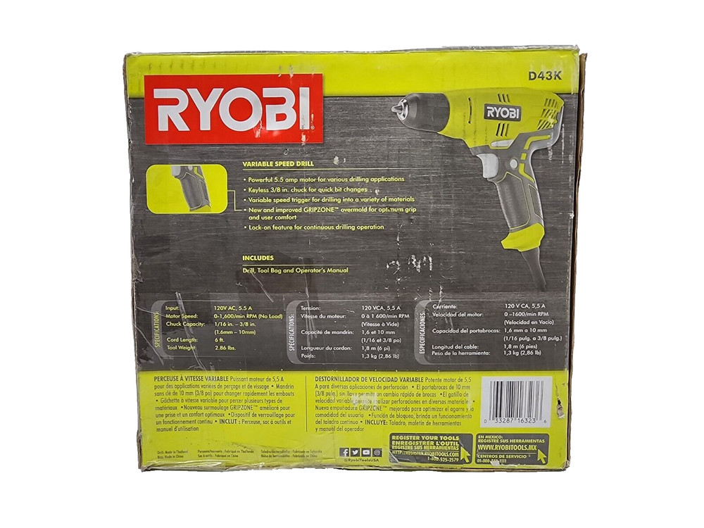 Ryobi D43K Variable Speed Drill With Keyless 3/8" Chuck & Tool Bag