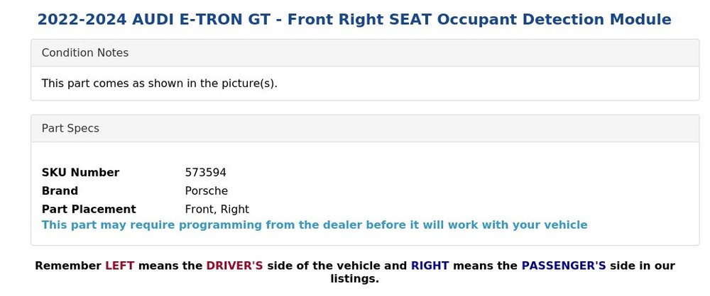 2022-2024 AUDI E-TRON GT - Front Right SEAT Occupant Detection Module