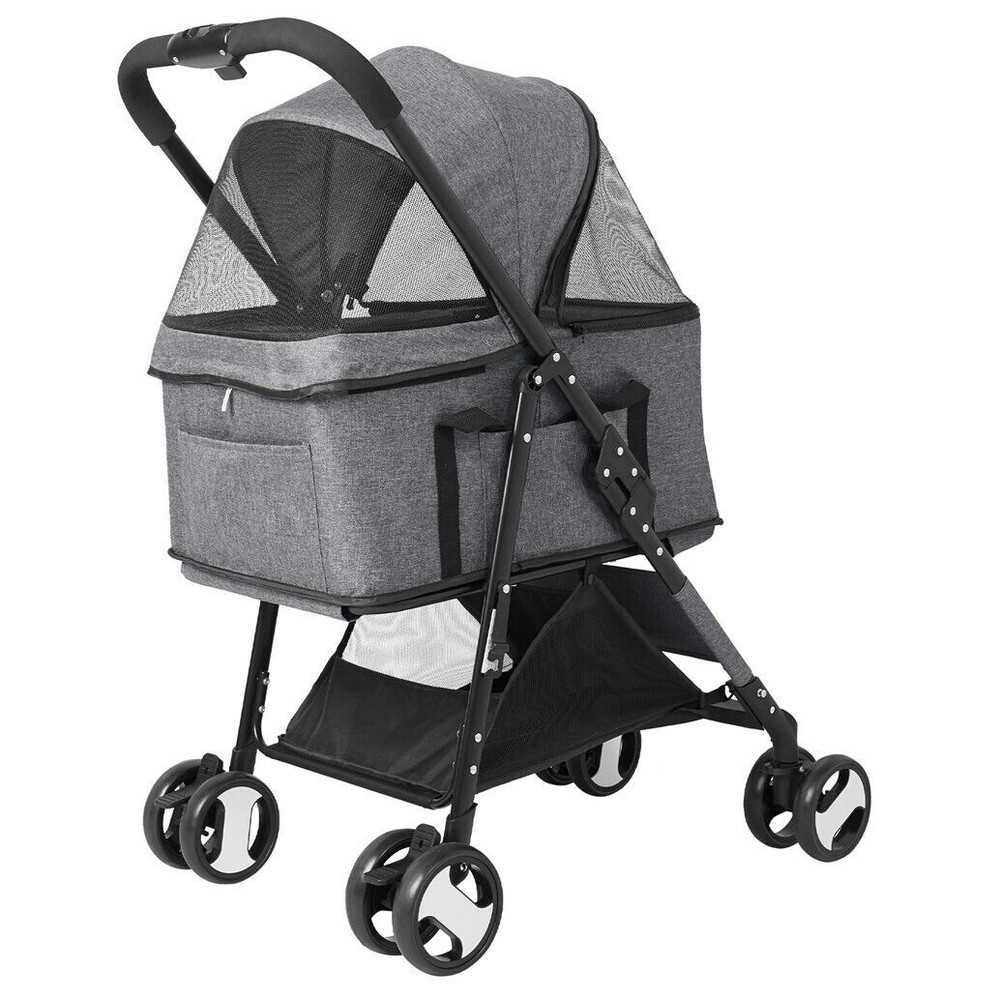 Extra Large Foldable Pet Stroller Travel Walk Carrier with Bottom Basket Storage