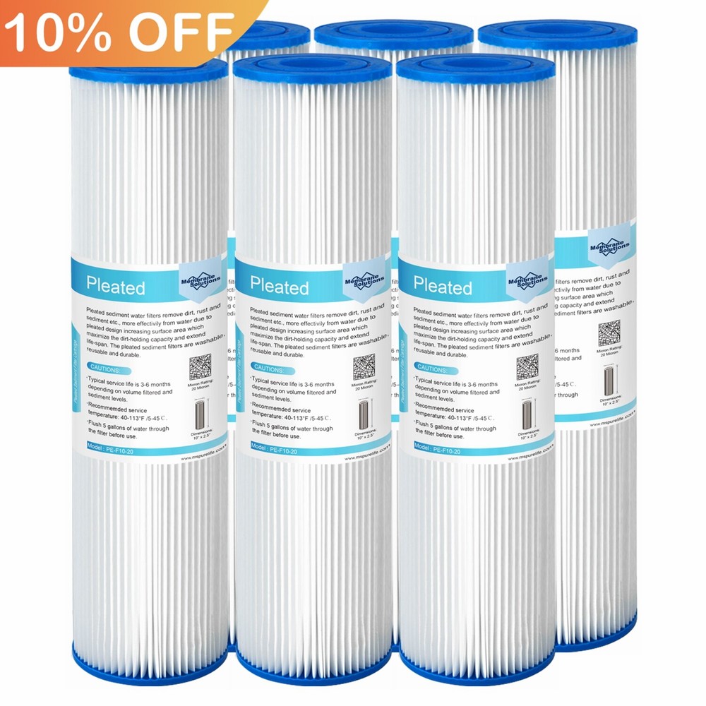 6 Pack Washable Pleated Whole House Sediment Water Filter Replacement 10" x 2.5"