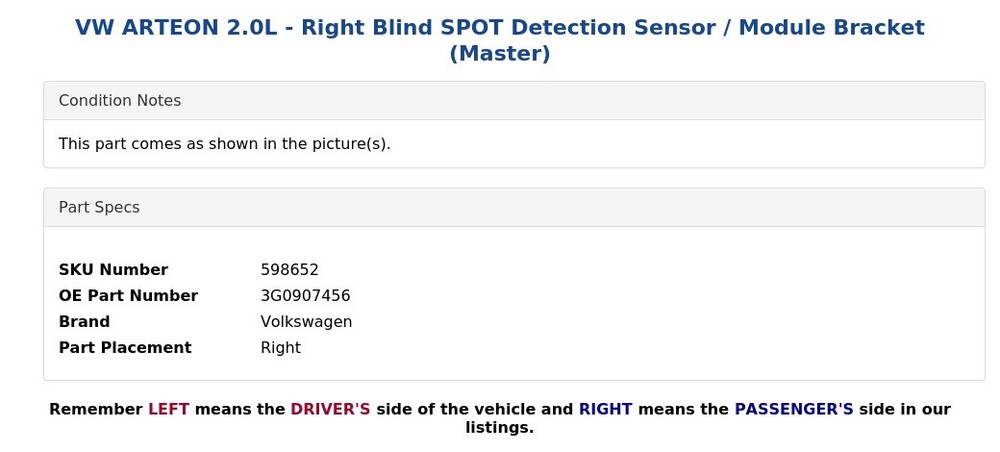 VW ARTEON 2.0L - Right Blind SPOT Detection Sensor / Module Bracket (Master)