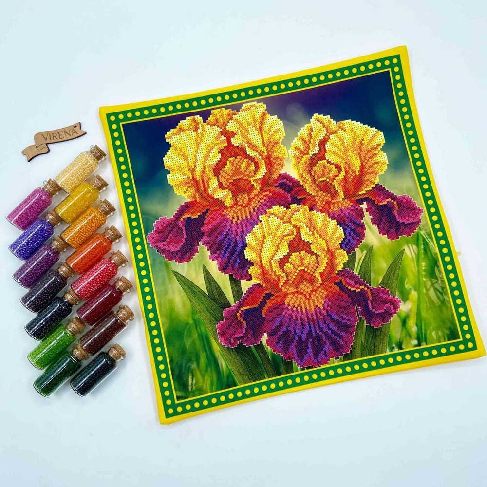 Bead embroidery pillowcase kit "Yellow-purple irises"