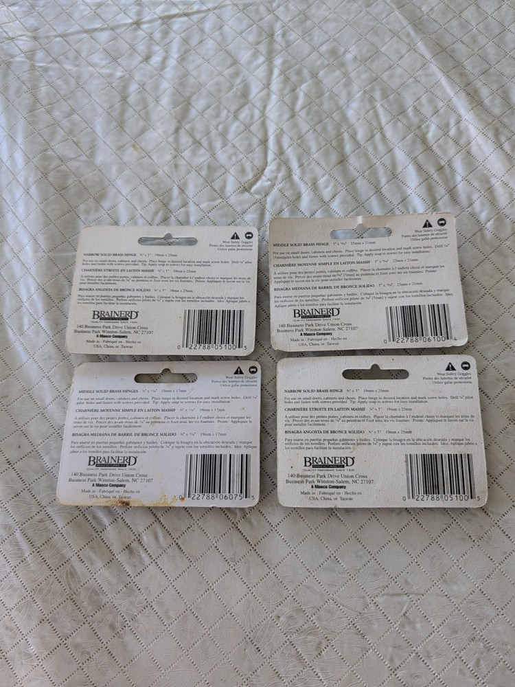 Brainerd's Solid Brass Hinges, 4 Brand New, Unopened Packages Assorted Sizes
