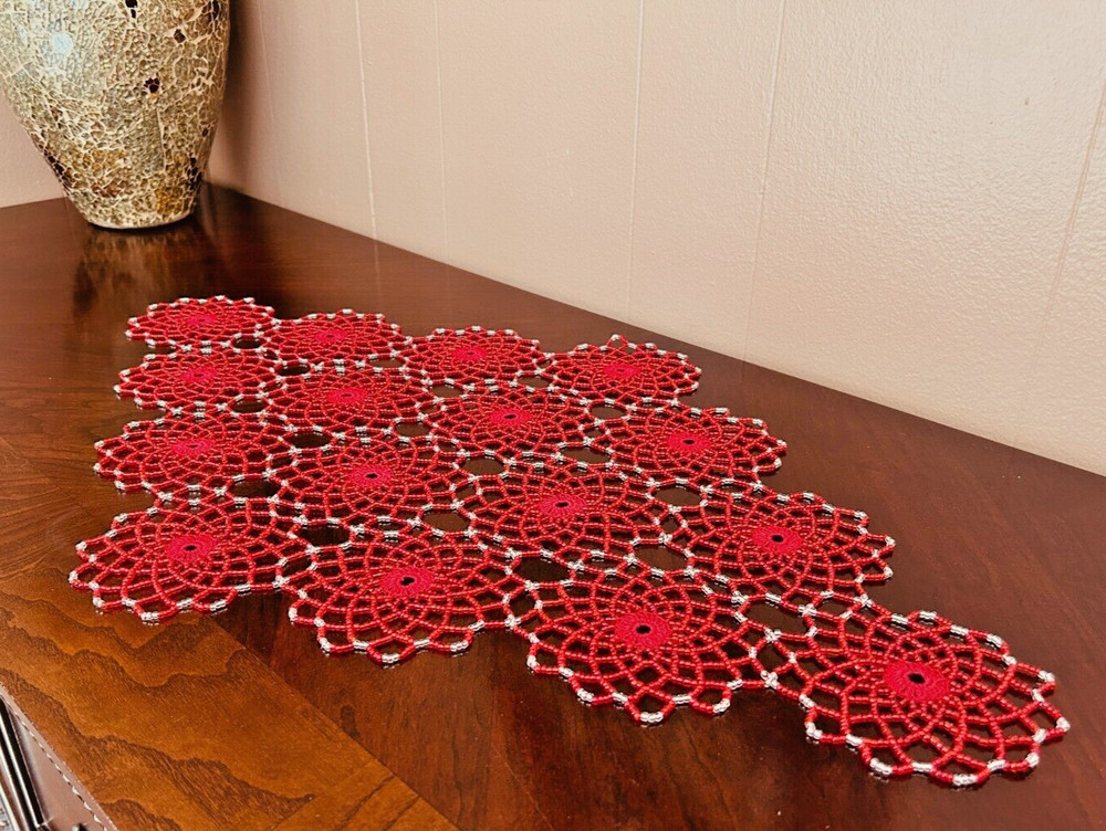 RED & SILVER CROCHET BEADED DOILY 25"/16" Handmade