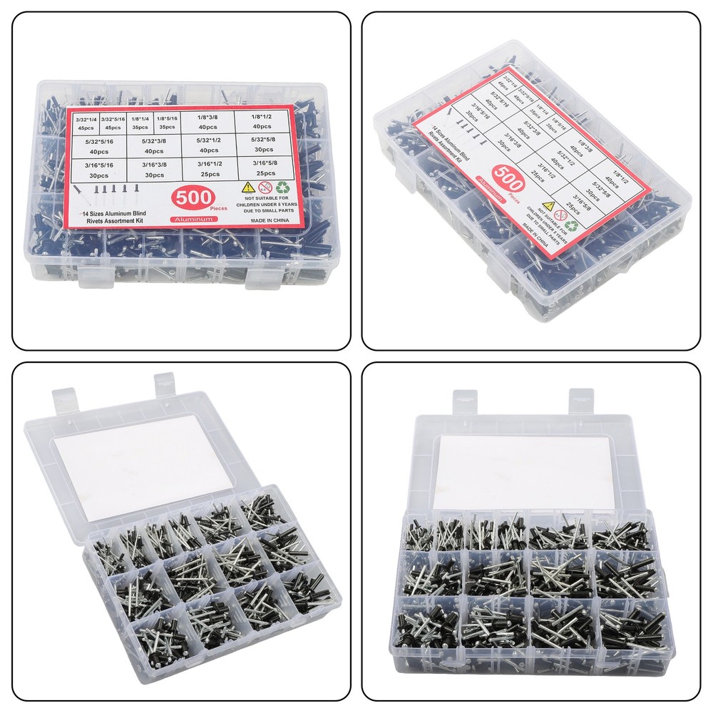 500pcs Aluminum Rivet Kit 14 Sizes Assorted Blind Rivets Storage Case DIY Use