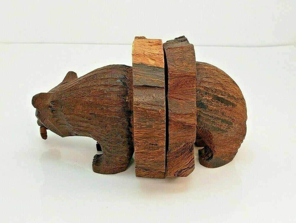 Hand Carved Hard Wood Bear Bookends Unique