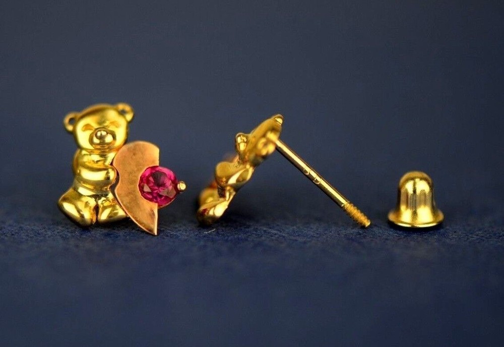 14k Yellow Gold CZ Heart Bear Stud Earring