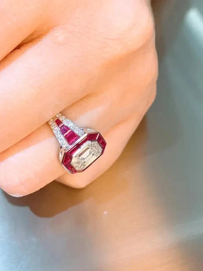 Art Deco Style Lab Created Diamond & Ruby 14K White Gold Finish Engagement Ring
