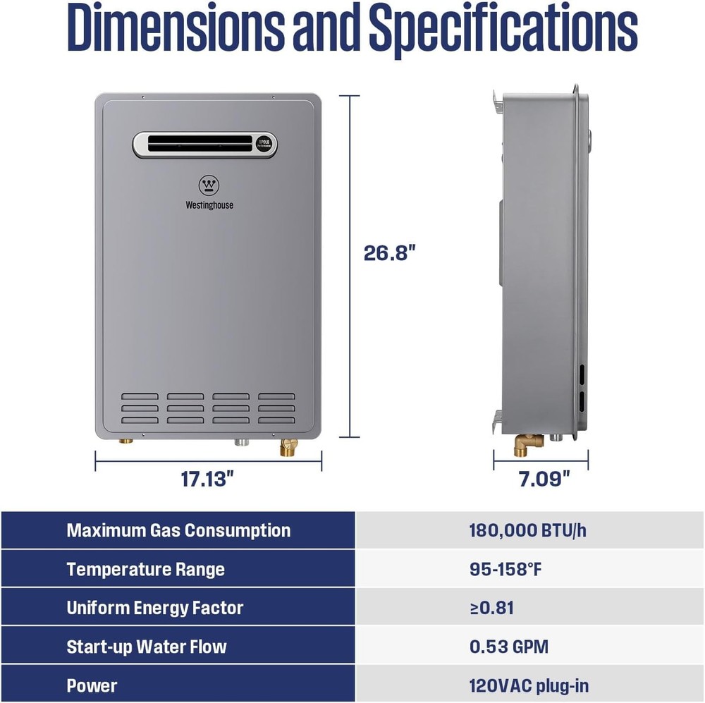 Westinghouse 180,000 BTU Propane Gas Tankless Water Heater 8.1 GPM Outdoor