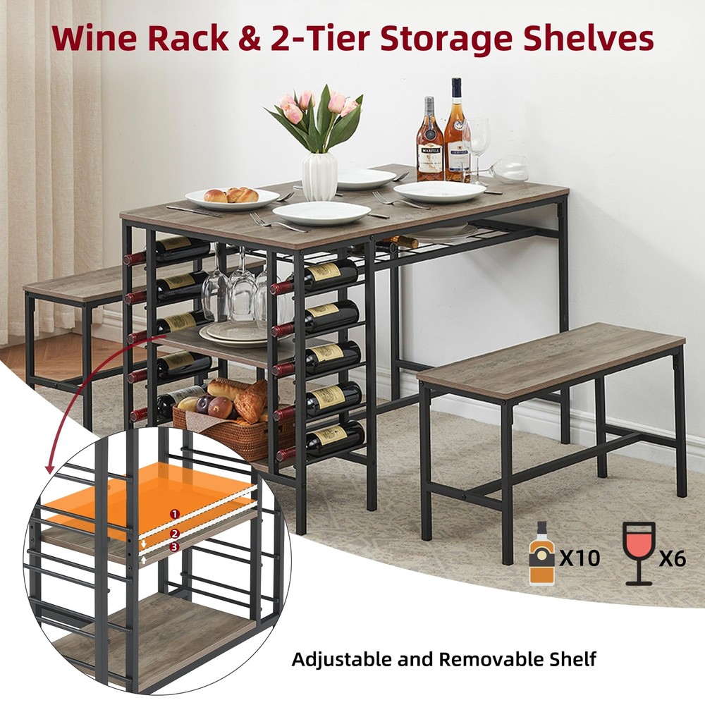 Dining Table Set for 4 Kitchen Table & 2 Benches ,Wine Rack, Storage Shelf ,Grey
