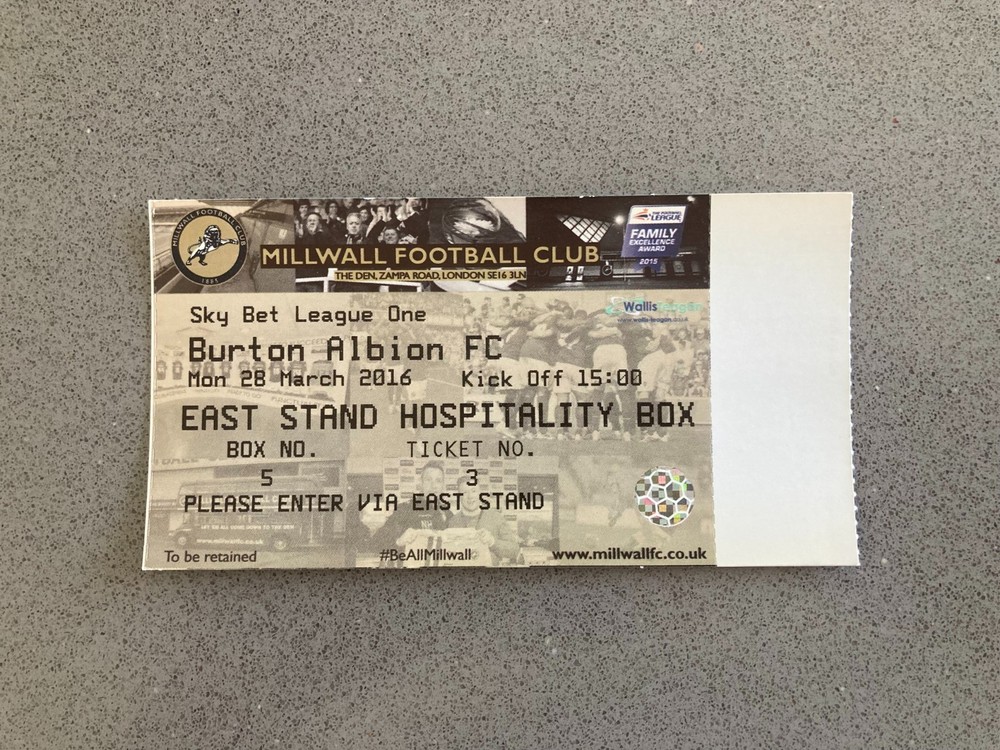 Millwall v Burton Albion 2015-16 Match Ticket