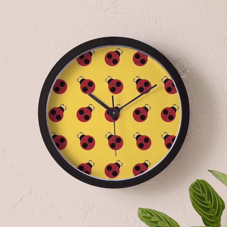 CafePress Cute Red Ladybug Yellow Pattern 10" Wall Clock (34813477)