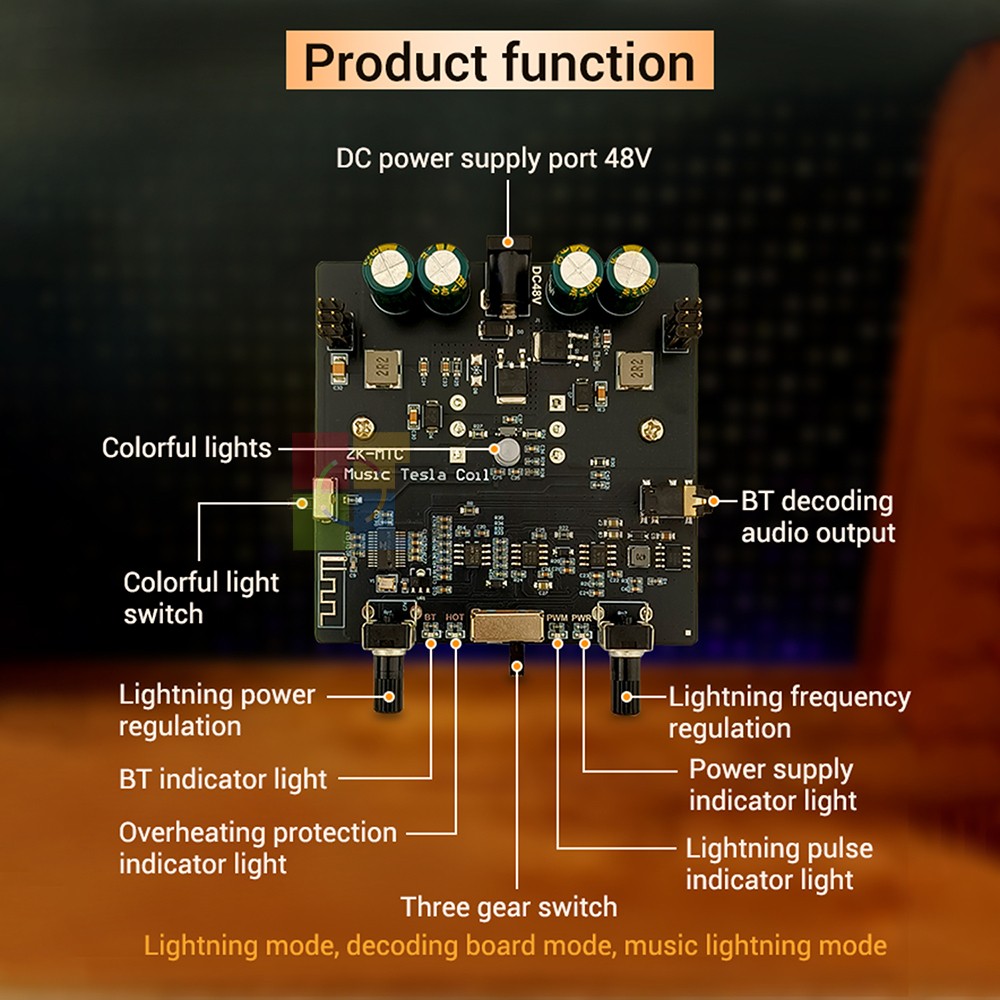 Music Tesla Coil 2Mode Artificial Lightning Touchable BT Decoding Colorful Light