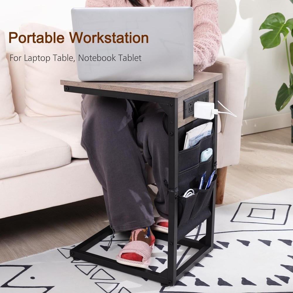 Tech-Savvy C-Shaped End Tables Set with Charging Station & Storage Pockets
