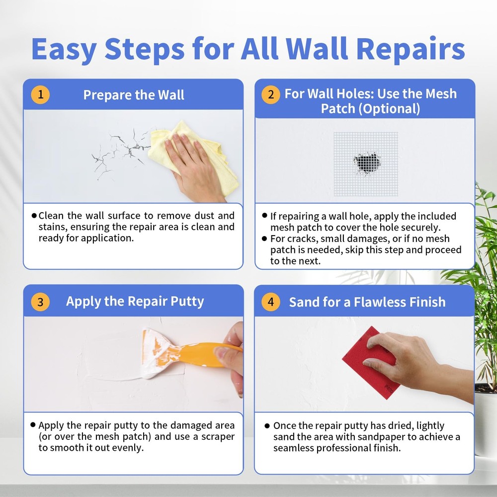 Drywall Repair Kit (18 oz) - Spackle Wall Paste with Scraper & White