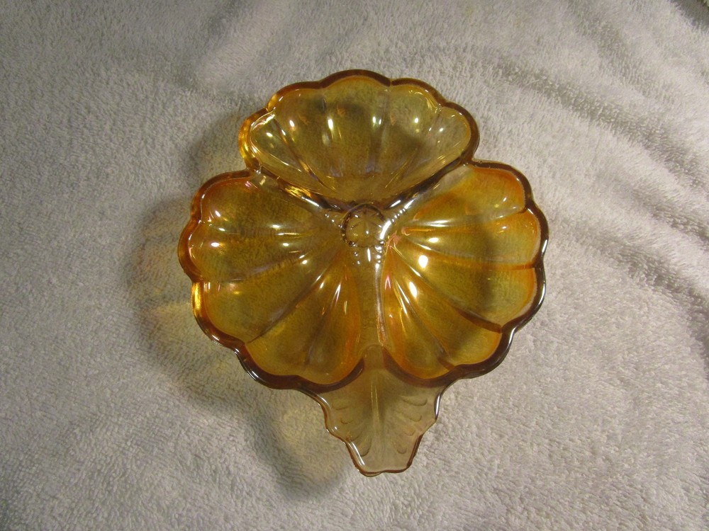 Vintage Carnival Glass Marigold Sectional Candy Dish Leaf Pattern 3 Sections