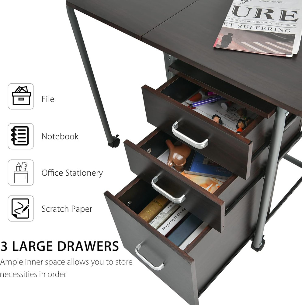 Folding Computer Desk with 3 Storage Drawers, Mobile Home Office Desk Study Writ