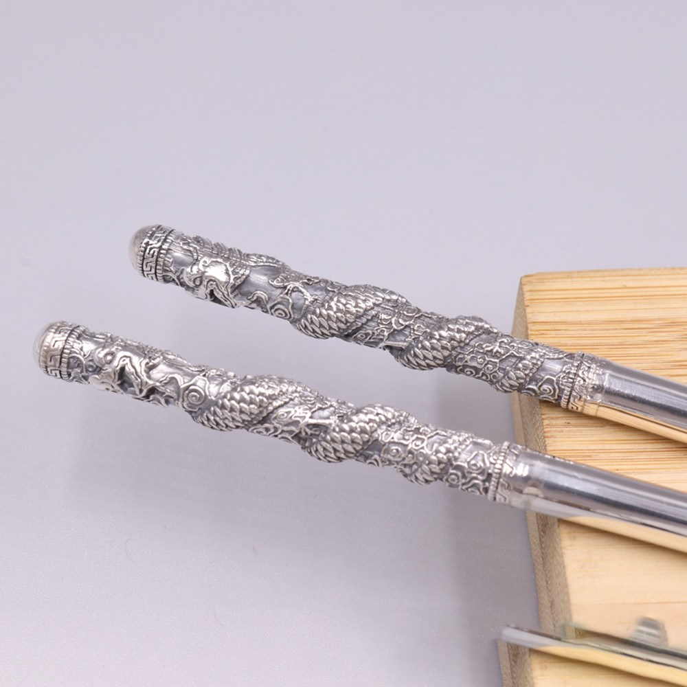 Solid S999 Fine Silver Dinnerware Carved Dragon Pattern Chopsticks 52-53g 7.8in