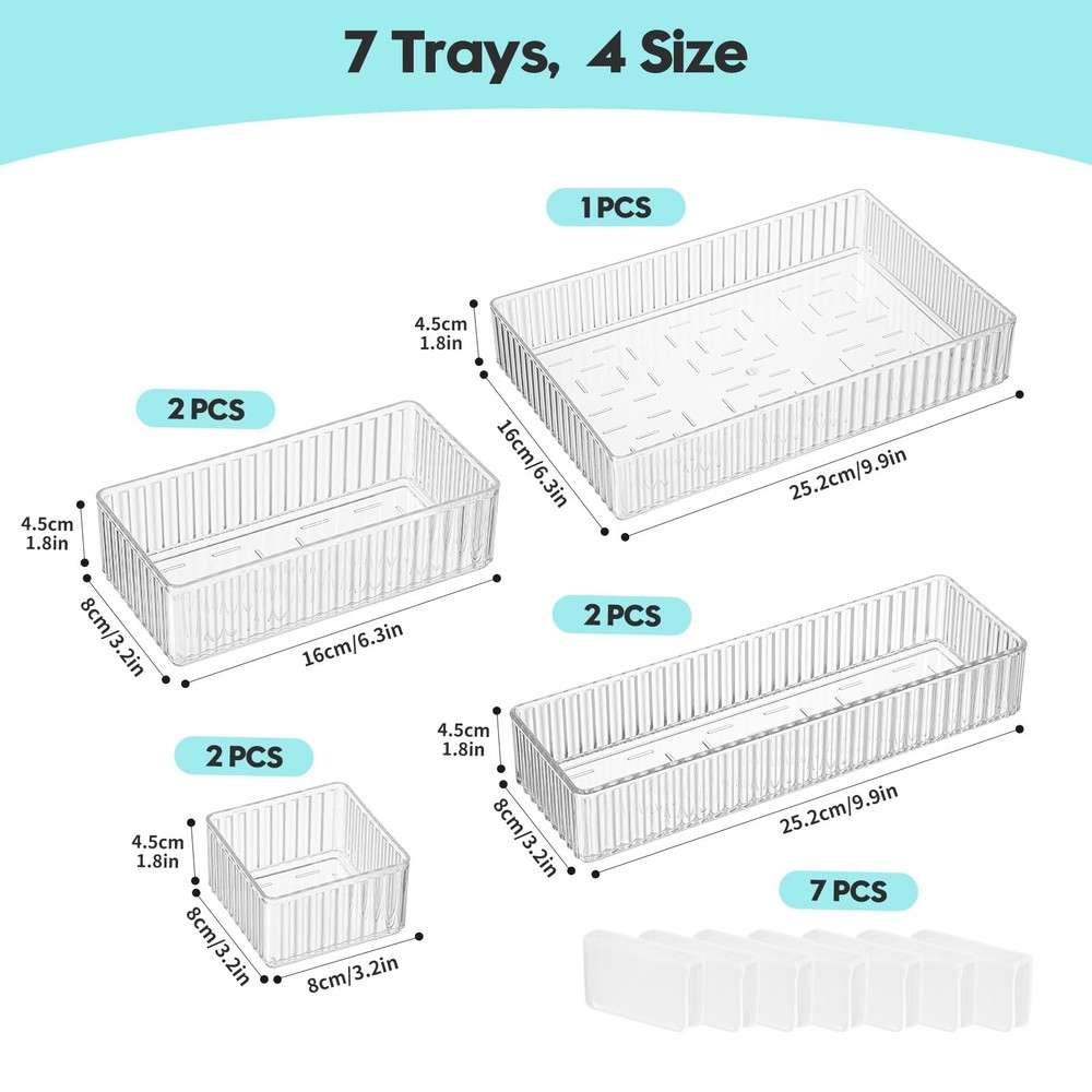 7 Pc Clear Drawer Organizer Bins, 4-Size, Stackable, Buckles, Makeup, Vanity
