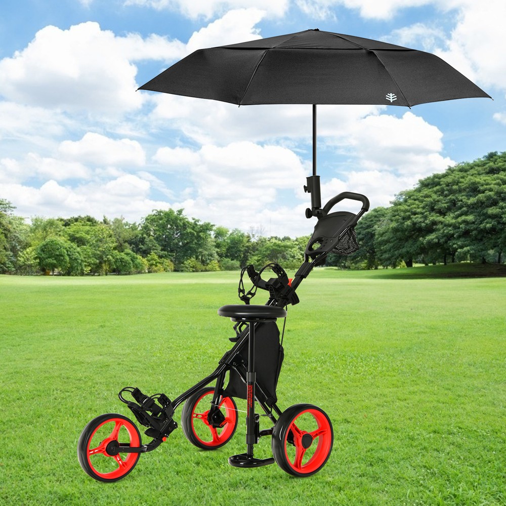 3-Wheel Foldable Golf Push Pull Cart Trolley w/ Seat Adjustable Handle Red
