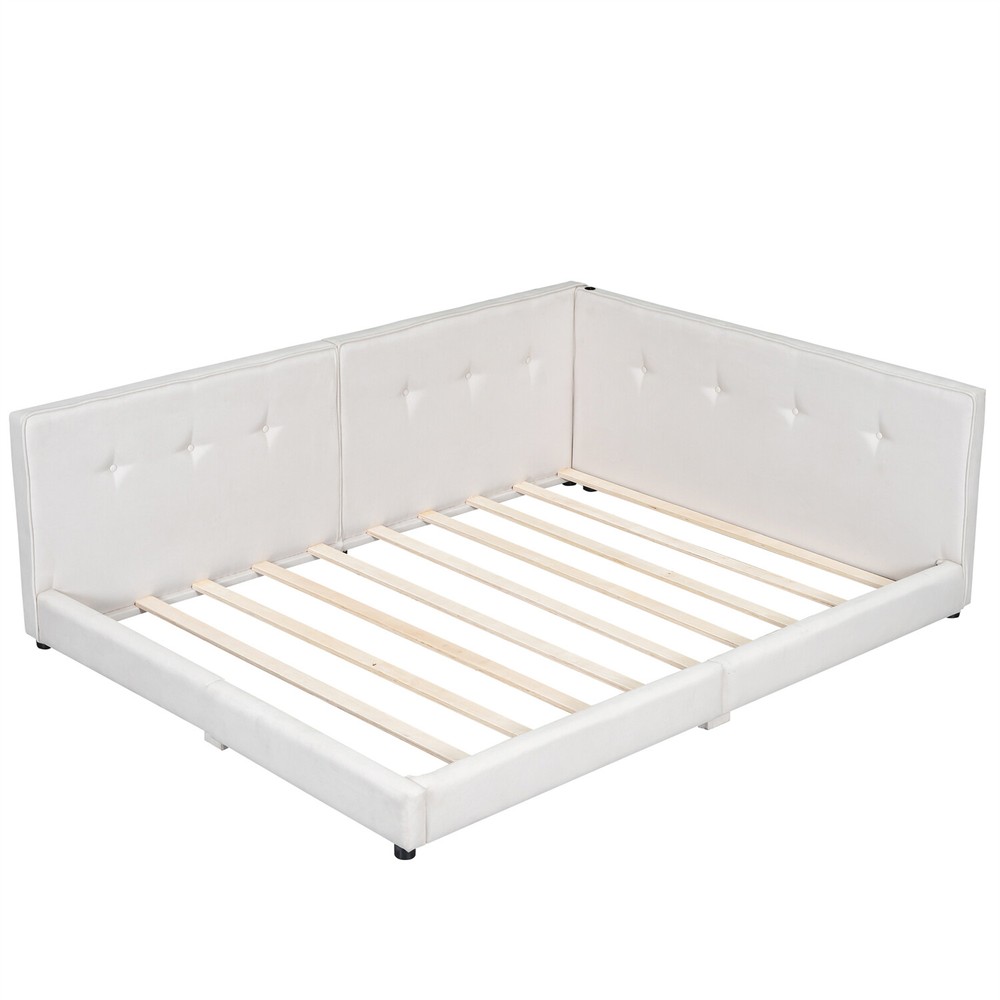 Full/Queen Size Bed Frame Upholstered Platform Bed with USB Ports Beige/Blue US