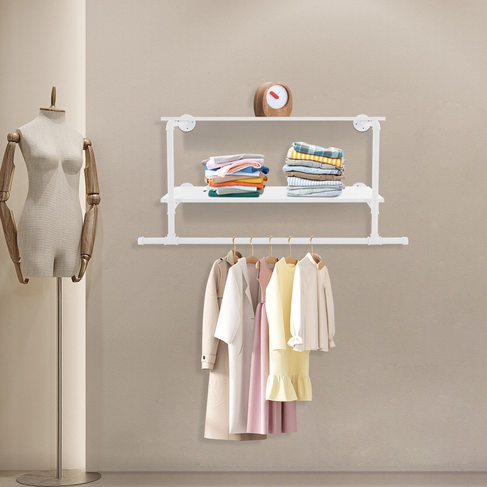 Clothes Display Rack with 2-tier Shelves 2-tier Wall Mounted Garment Rack